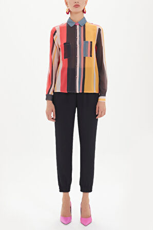 Çizgili Bol kesim şifon bluz 10677 | 46