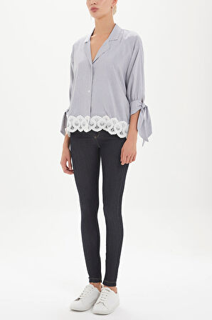 Çizgili Eteği dantelli bol kesim gömlek 10679 | 42