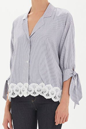 Çizgili Eteği dantelli bol kesim gömlek 10679 | 42