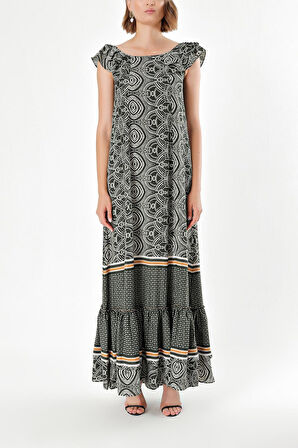 Yeşil Omuzları fırfırlı uzun elbise 92390 | 44