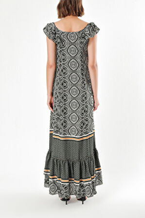 Yeşil Omuzları fırfırlı uzun elbise 92390 | 44