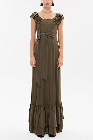 Haki Omuzları fırfırlı uzun elbise 92390 | 44