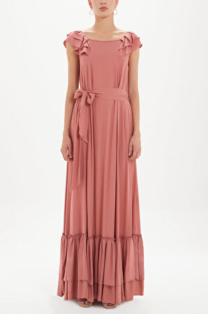 Somon Omuzları fırfırlı uzun elbise 92390 | 40