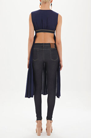 Lacivert Sırt dekolteli kısa kollu midi elbise 92399 | 44