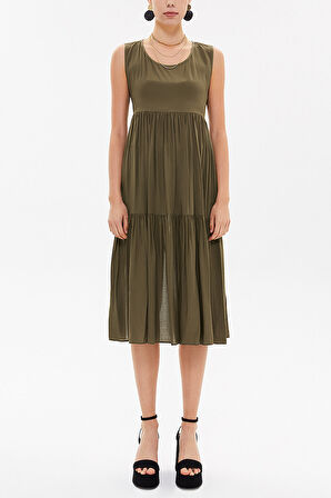 Haki Sırt dekolteli kısa kollu midi elbise 92399 | 40