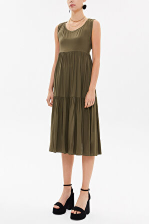 Haki Sırt dekolteli kısa kollu midi elbise 92399 | 40