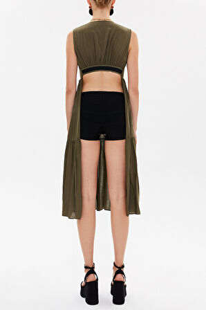 Haki Sırt dekolteli kısa kollu midi elbise 92399 | 40