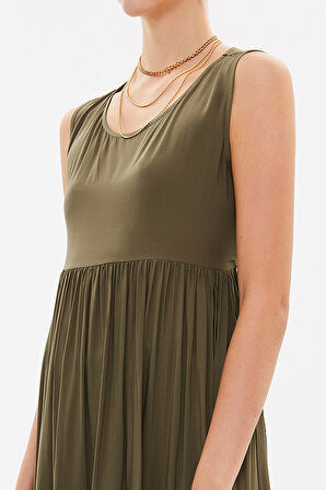 Haki Sırt dekolteli kısa kollu midi elbise 92399 | 44