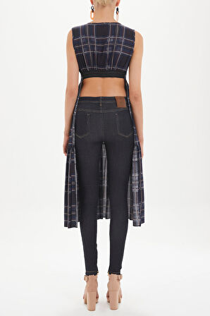 Ekose Sırt dekolteli kısa kollu midi elbise 92399 | 44