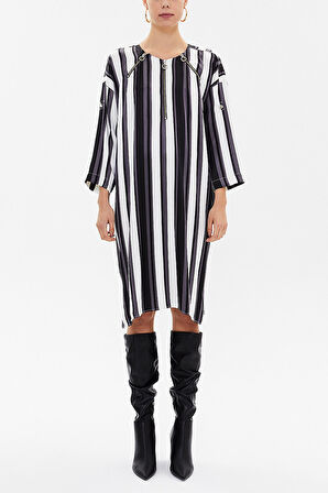 Çizgili Fermuar detaylı desenli midi elbise 92294 | 46