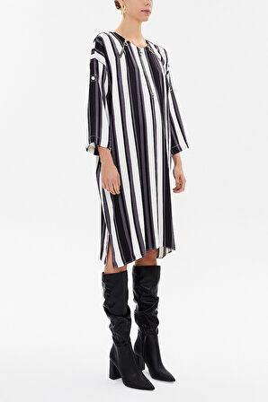 Çizgili Fermuar detaylı desenli midi elbise 92294 | 46