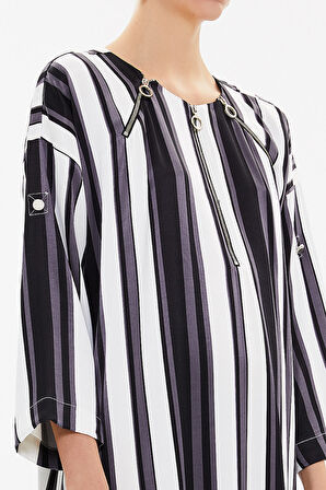 Çizgili Fermuar detaylı desenli midi elbise 92294 | 46