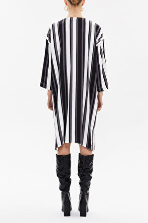 Çizgili Fermuar detaylı desenli midi elbise 92294 | 46