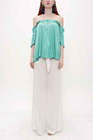 Yeşil Lastikli düşük omuz örme bluz 19702 | 40