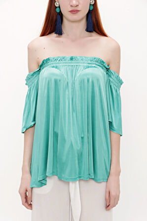 Yeşil Lastikli düşük omuz örme bluz 19702 | 40