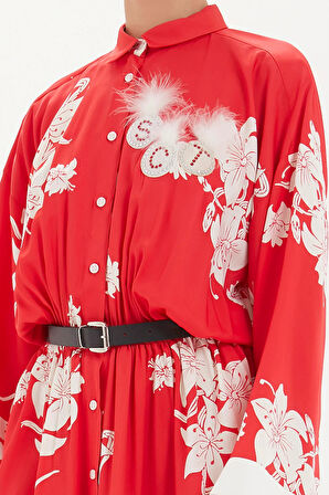 Kırmızı Kemerli uzun  elbise 92433 | 42