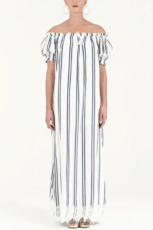 Mavi Düşük omuzlu lastikli uzun  elbise 92355 | 42