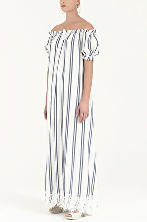 Mavi Düşük omuzlu lastikli uzun  elbise 92355 | 42