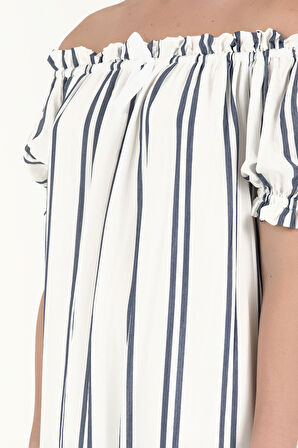 Mavi Düşük omuzlu lastikli uzun  elbise 92355 | 42