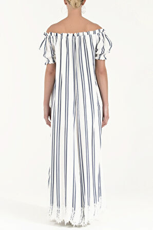 Mavi Düşük omuzlu lastikli uzun  elbise 92355 | 42