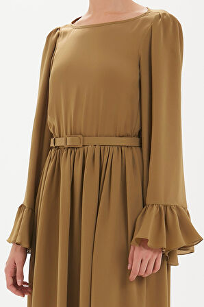 Haki Kolları volanlı uzun elbise 92431 | 44
