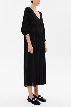 Siyah V yaka büzgülü bol kesim midi  elbise 92479 | S