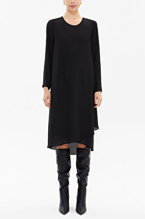 Siyah Asimetrik kesim şifon midi elbise 92549 | L