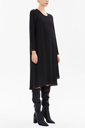 Siyah Asimetrik kesim şifon midi elbise 92549 | L