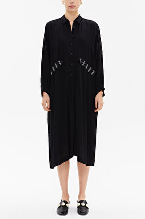 Siyah Düşük omuz cepli midi elbise 92478 | S