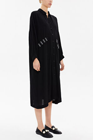 Siyah Düşük omuz cepli midi elbise 92478 | S