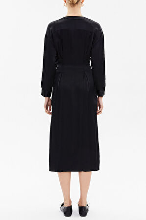 Siyah Düşük omuz V yaka düğmeli midi elbise 92613 | 44