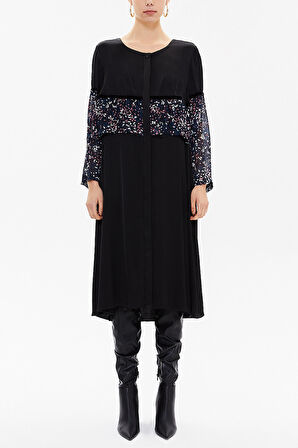 Siyah Dantel ve şifon detaylı bol kesim midi elbise 92482 | L