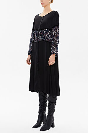 Siyah Dantel ve şifon detaylı bol kesim midi elbise 92482 | L