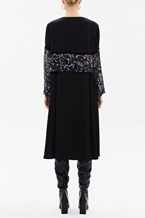 Siyah Dantel ve şifon detaylı bol kesim midi elbise 92482 | L