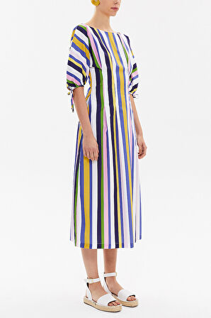 Çizgili Yarasa kol fermuarlı midi elbise 92690 | 40