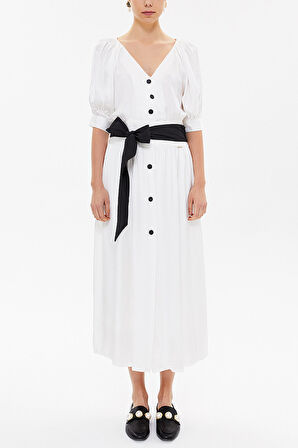 Beyaz V yaka uzun elbise 92761 | 40