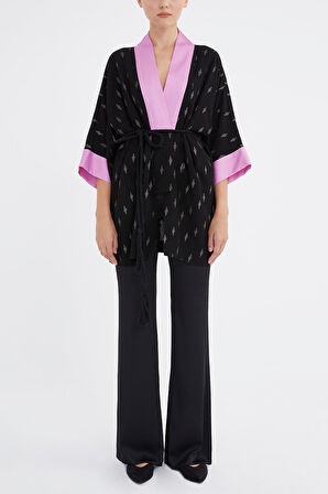 Siyah Kontrast renkli kimono bluz 19757 | 42
