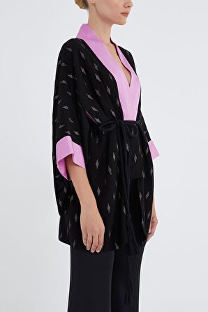 Siyah Kontrast renkli kimono bluz 19757 | 44