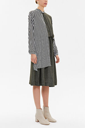 Haki Çizgili kumaş kombinli düğmeli midi elbise 92805 | M