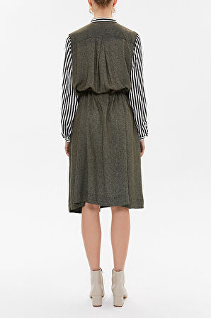 Haki Çizgili kumaş kombinli düğmeli midi elbise 92805 | M