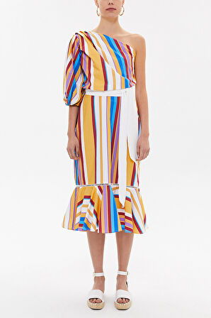 Hardal Tek omuz godeli midi elbise 92802 | 40