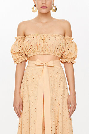 Bej Brodeli kısa bluz 19758 | 42