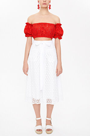 Beyaz Brodeli ve düğmeli etek 81054 | 40