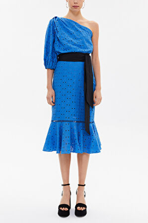 Mavi Tek omuz balon kollu midi elbise 92771 | 40