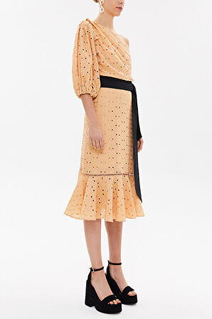 Bej Tek omuz balon kollu midi elbise 92771 | 44