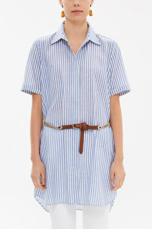 Mavi Kısa kollu kemerli gömlek 10738 | 42