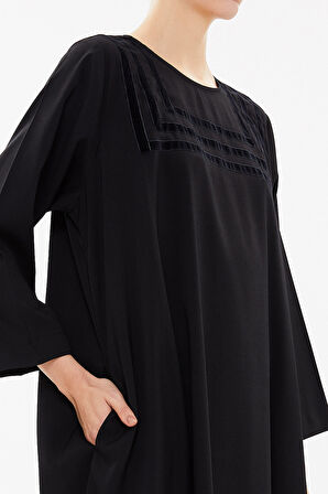 Siyah Kadife şeritli bol kesim midi  elbise 92932 | M