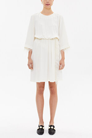 Ekru Tüylü ve yırtmaçlı mini elbise 93008 | 42