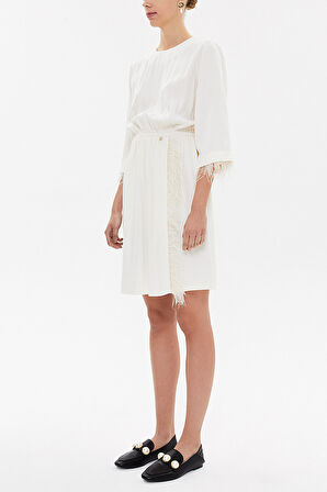 Ekru Tüylü ve yırtmaçlı mini elbise 93008 | 42