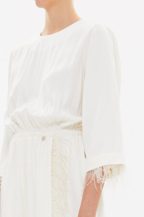 Ekru Tüylü ve yırtmaçlı mini elbise 93008 | 42